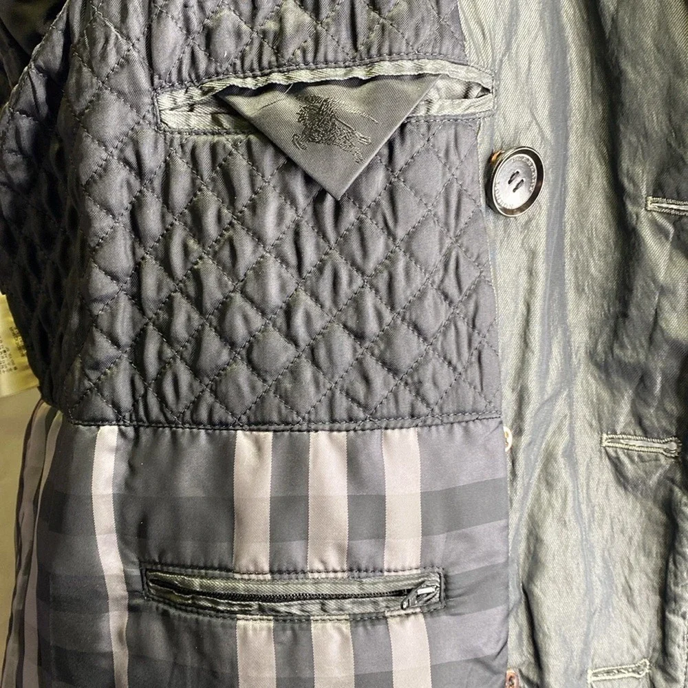 Burberry London Metallic Charcoal Crinkle Trench Coat Belted Double Breasted 180 - Picture 12 of 12